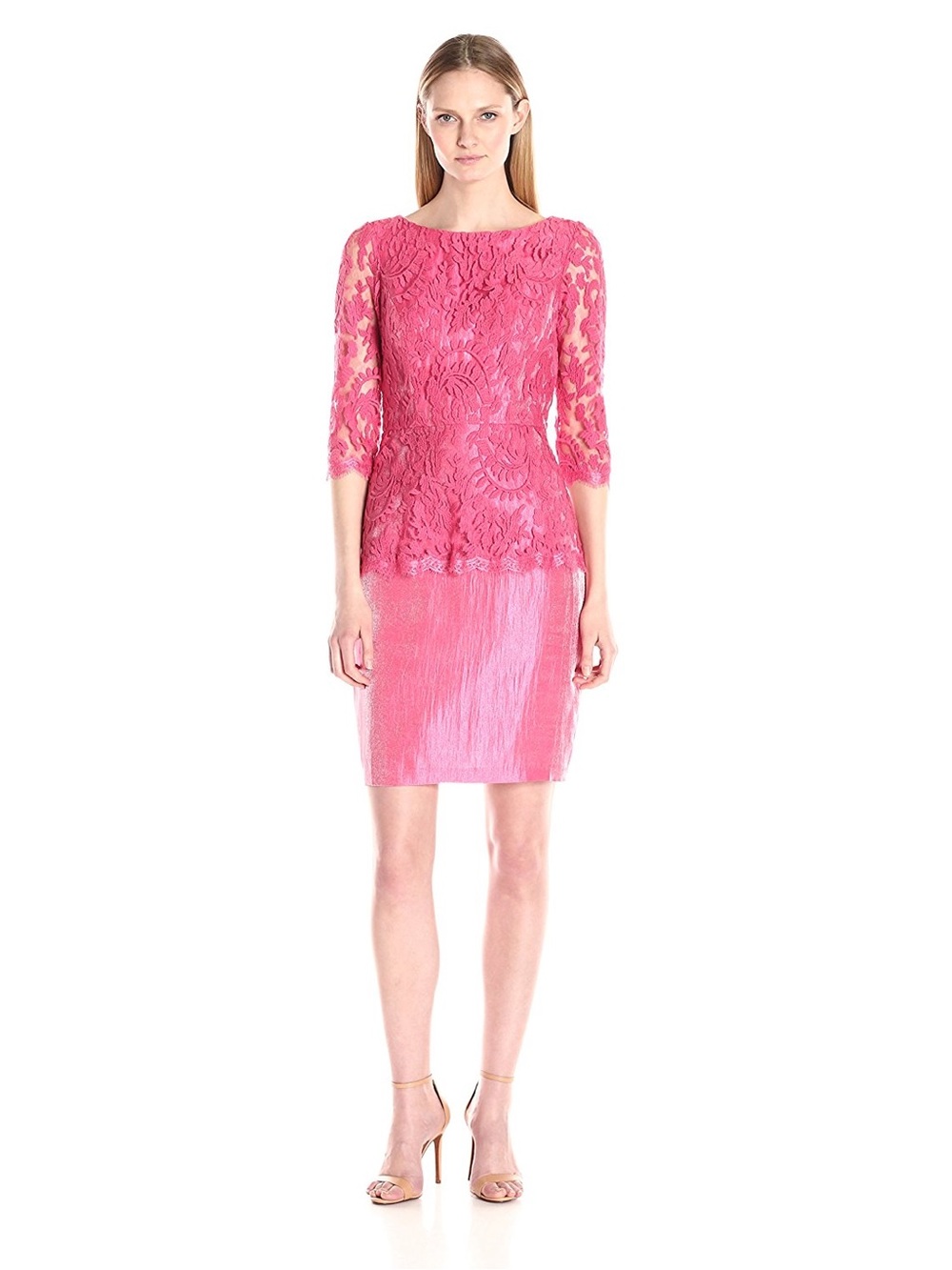 NWT Adrianna Papell Floral Embroidered Peplum Sheath Midi Dress French Coral(12)